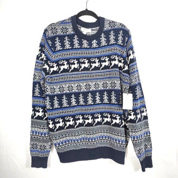 NWT Sz L Aspen Men’s Sweater Reindeer Snowflake Fair Isle Blue Ski Winter - Picture 1 of 8